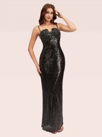 Unique Black Spaghetti Straps Sequin Long Mermaid Prom Dresses product