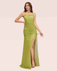 Sparkly Spaghetti Straps Green Side Slit Cheap Long Mermaid Prom Dresses product