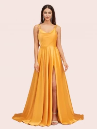 Elegant A-Line Spaghetti Straps Long Soft Satin Bridesmaid Dresses With Slit Online product