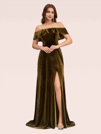 Elegant Off Shoulder Side Slit Long Velvet Bridesmaid Dresses Online product