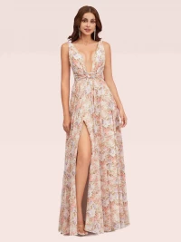 Sexy Deep V-Neck Side Slit Unique Long Floral Bridesmaid Dresses Online product