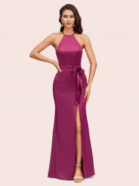 Sexy Mermaid Halter Long Silky Satin Party Prom Dresses With Slit product