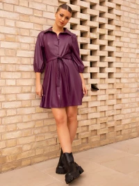Balloon Sleeve Faux Leather Shirt Dress in Purple product