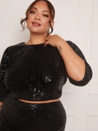 Plus Size Puff Half Sleeve Sequin Top in Black product
