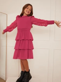 Older Girls Long Sleeve Tiered Midi Dress in Pink product