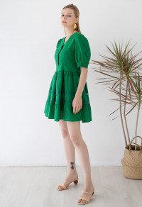 V-NECK EMBROIDERED EYELET COTTON DRESS IN GREEN product