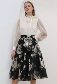 METALLIC FLORAL JACQUARD A-LINE MIDI SKIRT IN BLACK product