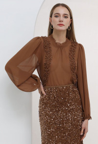 RUFFLE ADORNED BUBBLE SLEEVES CHIFFON TOP IN CARAMEL product