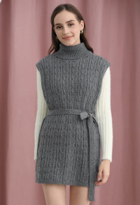 TURTLENECK CABLE KNIT SLEEVELESS SWEATER DRESS IN GREY product