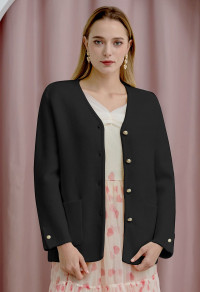 COLLARLESS V-NECK PATCH POCKETS COAT IN BLACK product