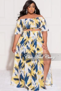 2pc Off The Shoulder Ruffle Top and Skirt Set in Yellow and Navy product