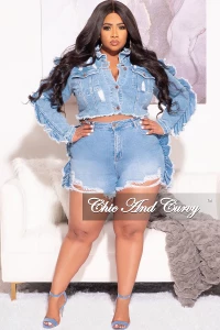 Plus Size 2pc Distressed Crop Jacket and Short Set with Ruffle Trim in Light Denim product
