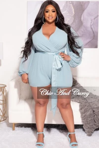 Plus Size Chiffon Faux Wrap Bell Sleeve Romper in Teal product