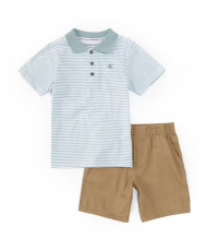 Calvin Klein Little Boys 2T-7 Short Sleeve Striped Jersey Polo Shirt & Solid Twill Shorts Set product