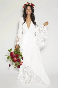 A-Line Plunging Neckline Long Sleeve Floor-length Chiffon/Lace Bohemian Wedding Dress with Draping and Lace product