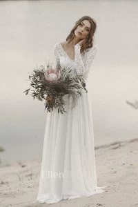 A-Line V-neck Long Sleeve Sweep Train Chiffon/Lace Wedding Dress with Deep-V Back and Pleats product