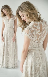 A-Line V-neck Short Sleeve Floor-length Lace/Tulle Wedding Dress with Keyhole and Lace product