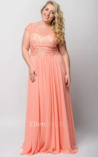 Empire Bateau Cap Sleeve Brush Train Chiffon Mother of the Bride Dress with Illusion and Appliques product
