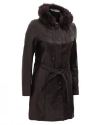 Women’s Dark Brown Leather Coat With Removable Fur Hood product