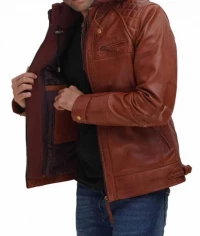 Men’s Quilted Brown Leather Jacket With Hood product