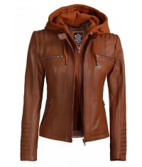 Women’s Slim Fit Brown Hooded Leather Jacket product
