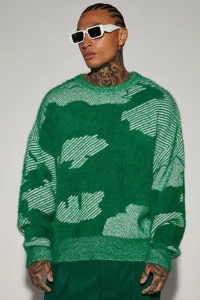 Fuzzy Textured Crewneck Sweater - Green/combo product