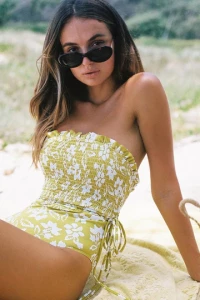 Yellow White Floral Smocked Frill Trim One Piece Swimsuit product