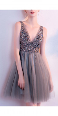 Grey Sequined Short Sheer Prom Dresses V-neckline KSP615 product