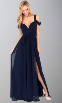 Dark Blue Off Shoulder Slit Sexy Maxi Prom Dresses KSP246 product