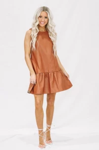 Loxi Vegan Leather Ruffled Dress - Camel Brown product