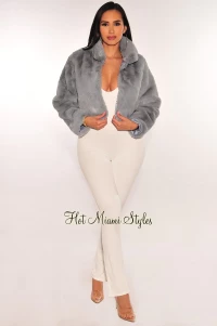 DUSTY BLUE FAUX FUR COLLARED LONG SLEEVE CROPPED JACKET product