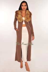 CHOCOLATE RIBBED KNIT FAUX FUR COLLAR LONG SLEEVES DUSTER COAT product