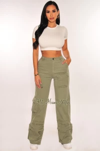ARMY GREEN HIGH WAIST WIDE LEG CARGO JEANS product