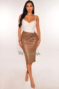 MOCHA FAUX LEATHER KNOTTED RUCHED SKIRT product