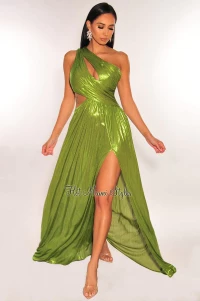 GREEN METALLIC ONE SHOULDER PLEATED CUT OUT SLIT DRESS product