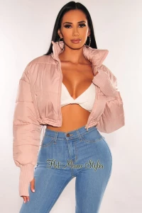 DUSTY PINK ZIPPER LONG SLEEVE CROPPED PUFFER JACKET product