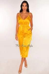 YELLOW GOLD SATIN SPAGHETTI STRAP SNATCHED JUMPSUIT product