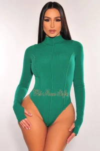 GREEN RIBBED MOCK NECK EXPOSED SEAMS LONG SLEEVE THONG BODYSUIT product