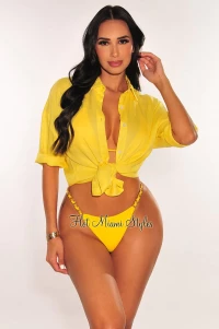YELLOW COLLARED BUTTON UP ¾ SLEEVES COVER UP SHIRT product
