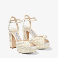 Sacaria Platform 120 White Satin Platform Sandals with All-Over Pearl Embellishment product
