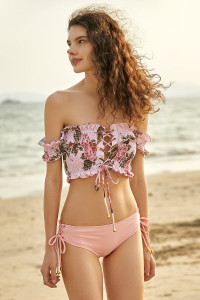 Pink Smocked Ruffled Lace-Up Bikini Set product