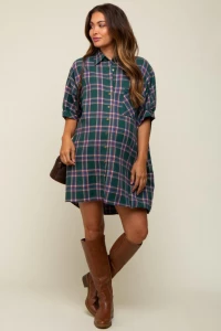 Forest Green Plaid Oversized Maternity Mini Dress product