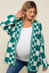 Green Checkered Maternity Cardigan Sweater product