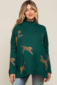 Forest Green Animal Print Side Slit Maternity Sweater product