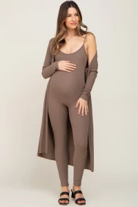 Mocha Ribbed Maternity Jumpsuit Two Piece Set product