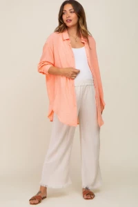 Peach Lightweight Sheer Button Down Maternity Blouse product