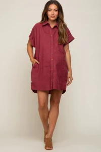 Burgundy Ribbed Button Down Maternity Mini Dress product