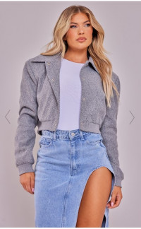 GREY SHOULDER PADDED WOOL LOOK CROPPED BOMBER JACKET product