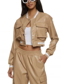 Faux Leather Pocket Detail Bomber Jacket - Taupe product