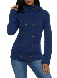Fleece Button Front Hooded Peacoat - Navy product